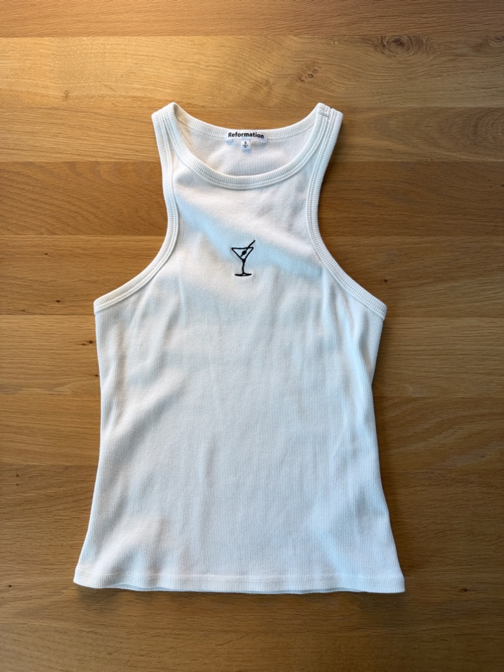 Reformation White Ribbed Racerback Tank with Martini Embroidery